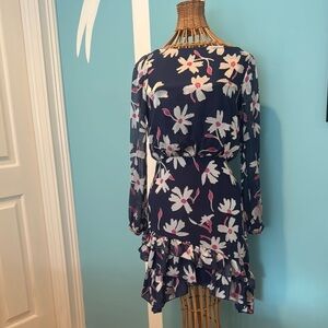 Saloni Floral Long Sleeve Dress navy blue with silver flowers and pink